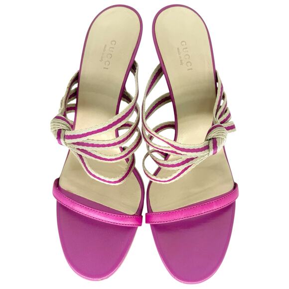 GUCCI Mirabelle Knotted Stripe Mules EU 40 US 10 Fuchsia Pink High Heels Sandals - Picture 6 of 11